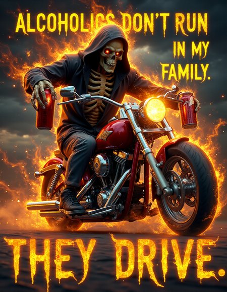 extremely cool text that says "Alcoholics don't run in my family. They DRIVE.", flaming skeleton, angry, edgy, airbrushed style, grim reaper holding a beer can, riding on  a motorcycle <lora:Aura_Flux:0.7>