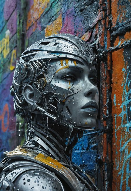 (Soft Lighting Photography by Mimoza Veliu and Mario Giacomelli:1.2), SFW, (masterpiece:1.2), (Photo of a cinematic shot of a weathered female cyborg, their back pressed against a graffiti-covered wall in a neon-soaked alleyway, Raindrops trickle down their metallic face reflecting the kaleidoscope of colors from flickering signs, Harsh shadows and bursts of light highlighting the intricate circuitry and worn details, metal and grime:1.1), (art by Don Bluth:1.4), (hyperdetailed:1.1), (intricate details:1.0), (Refined details:1.1), (best quality:1.1), (high resolution:1.2), <lora:TWbabeXL01:0.4>
 (8k uhd:1,4)
 <lora:add-detail-xl:1>
 <lora:Dynamic Poses:1>