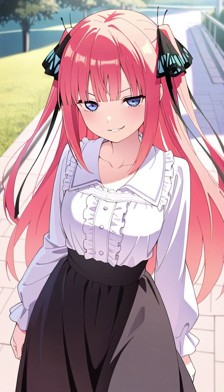 masterpiece, best quality, very aesthetic, absurdres,
solo, 1girl,

nino, long hair,bangs, blue eyes, hair ornament, hair ribbon, pink hair, blunt bangs, two side up, butterfly hair ornament,

smirk,

collared blouse, white blouse, long sleeves, frills, long skirt, black skirt, collarbone,

outside,
