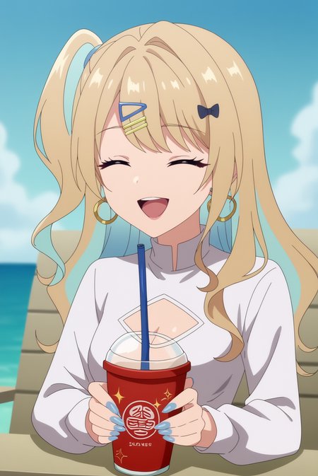 score_9, score_8_up, score_7_up, anime screencap,source_anime, anime coloring,anime screencap, consistent background, 1girl, shirakawa luna, solo, hair ornament blonde hair, hair clip, multicolored eyes, breasts, clothing cutout, closed eyes,leavage cutout, multicolored hair, cup, hairclip, hair ornament,smile, holding,open mouth, disposable cup, blue nails, holding cup, jewelry, medium breasts, ^_^, earrings, colored inner hair, bow, solo focus, drinking straw, shirt, one side up, sitting, long sleeves <lora:Shirakawa Luna_epoch_1.safetensors:0.8>