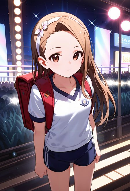 score_9, score_8_up, score_7_up, source_anime,masterpiece, best quality, high_resolution,8k,Perfect features, intricate details,Ray Tracing,
1girl,mnsior, petite, longhair, brown hair, forehead,  brown eyes, hairband, small breasts,
wearing navy buruma and short sleeve (white gym uniform with colored hem:1.0) and carrying (randoseru backpack:1.5),
 lights, colorful,light, lens flare, blurry, crystal, stage lights, speaker, railroad tracks, instrument, sparkle, light rays, stage,crowd,indoor,
 rating:sensitive,hip focus,
masterpiece, best quality, very aesthetic,  highly detailed,Perfect features,Ray Tracing,<lora:neg4all_bdsqlsz_xl_V7:1>, <lora:MinaseIori_pony_v1:0.8>, <lora:PonyRanBuruXLv10:0.8>
