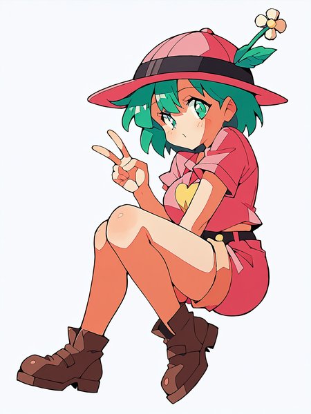 score_9, score_8_up, score_7_up, rating_explicit, score_anime, white background, BREAK, 1girl, looking at viewer, <lora:Assistant-Girl_TetrisPlus_PDXLv0:0.8> assistant-girl, short hair, pink hat, pink shirt, pink shorts, brown footwear, breasts, v:1.2, red undershirt