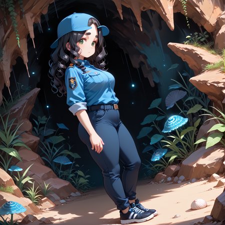 PonyScores7, source_anime, ah1, BREAK 1girl, (curly hair), long hair, (black hair:1.3), mature female, (parted hair:1.7), (round face:1.2), (fringe:-0.5), (bangs:-0.5), (hair between eyes:-0.5),  (thick eyebrows), (curvy), round-chin, (greenish hazel eyes), caucasian, (downturned eyes:1.2), (plump face), <lora:ETO_OCPonyXL:0.5> eto_oc, skindentation, (plump), thick thighs, wide hips, busty, voluptuous, kinky curls, lips, <lora:venus body PonyXL:0.4>,  (Anxious, Experiencing worry, unease, or nervousness), (Standing with legs apart, arms extended), (Coastal Cave, Damp, rocky interior adorned with bioluminescent fungi, clusters of seaweed hanging from the ceiling, scattered shells, and patches of moss), looking at viewer, (chetwode blue Urban patrol uniform in dark grey, fitted shirt, slim-fit pants, baseball cap, black sneakers, equipped with pepper spray), BREAK <lora:xl_more_art-full_v1:0.2>, <lora:shinyskin2:0.2> glistening skin, <lora:aesthetic_anime_v1s:0.2>, <lora:Expressive_H:0.2> Expressiveh, <lora:hairdetailpxl:0.2> hairdetailpxl, <lora:EpicF4nta5yXL:0.2>, <lora:detailxl:0.2> detailxl, <lora:Fant5yP0ny:0.2>, best quality, amazing quality, best aesthetic, absurdres, <lora:expressive eyes:0.2> expressive eyes, <lora:eyedetailpxl:0.2> eyedetailpxl, illustration, Volumetric_Lighting, ultra-detailed, very aesthetic, intricate details, 8k, masterpiece, best_quality, BREAK (Dutch Angle (from the side) view Close shot), BREAK <lora:Eyes_High_Definition:0.3> EyesHD, Stable_Yogis_PDXL_Positives, AS-Adult, <lora:Complicated fantasy portrait - XL Pony V2.0:0.4>, bad-hands-5,