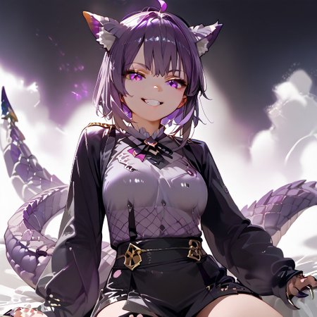 score_9_up, score_8_up, score_7_up, best quality, high quality, masterpiece, extremely detailed character, detailed eyes, beautiful face, source anime, 
<lora:nekomata_okayu_sdxl_pony:1>
okayu, ahoge, cat tail, shiny purple hair, slender, 
1girl, sitting, soft smile, Obsidra, dragon girl, purple hair, purple scales, claws,