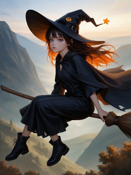 Best quality masterpiece,   Amazing very aesthetic absurdres newest embedding:my\ReaPnt1, painterly,    1girl, broom riding, witch,   <lora:SPOl_10ep_4k>