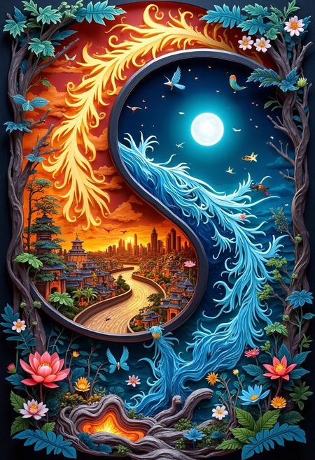 Jed-ppct, papercutstyle,wallpaper art, yin and yang symbol, filled with scenes and examples of the 4 elements, earth, water, fire, air, vivid colors, positive emotionalfilled, <lora:flux-papercut-000008:1>,