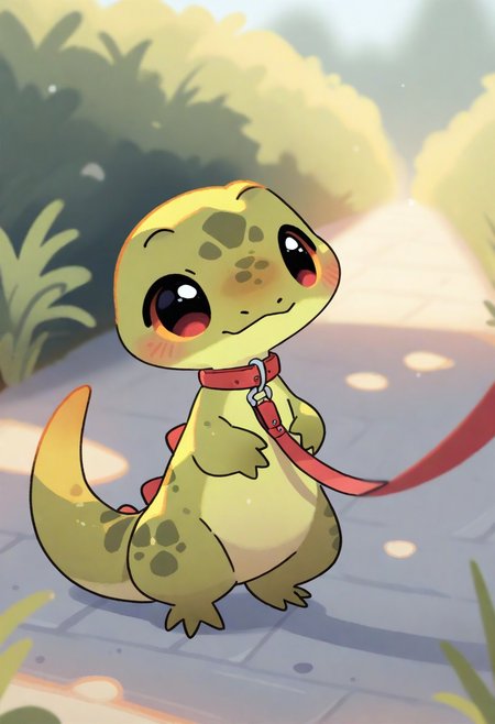 (masterpiece, best quality, high quality, highres), very awa, highres, absurdres,
(naguru \(cyoroama\), (chii-kun \(seedyoulater\):0.7), 
pikaole, cute, animal focus,
(lizard:1.1), embarassed, (cute:1.2), (solo:1.2), (axolotl:0.5), green skin, standing,
 red choker with buckle, leash
outdoors,