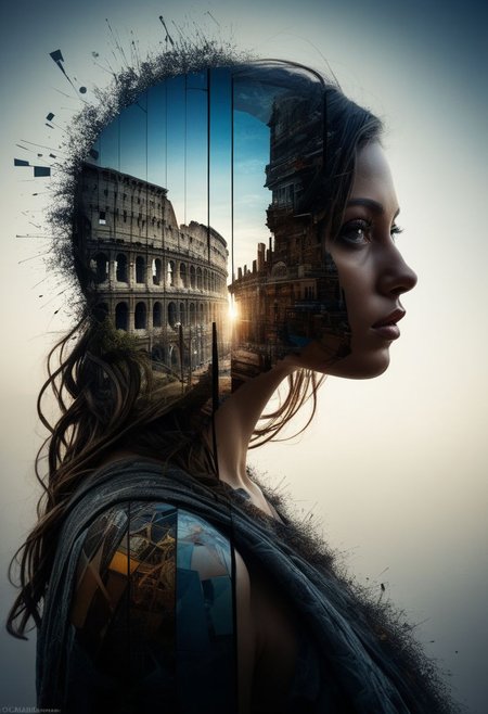 mysterious silhouette italian woman, colloseum, goddess, alluring, by Minjae Lee, Carne Griffiths, Emily Kell, Steve McCurry, Geoffroy Thoorens, Aaron Horkey, Jordan Grimmer, Greg Rutkowski, amazing depth, double exposure, surreal, geometric patterns, intricately detailed, bokeh,  perfect balanced, deep fine borders, artistic photorealism , smooth,  great masterwork by head of prompt engineering   <lora:add-detail-xl:2>  <lora:Double_Exposure:0.5>