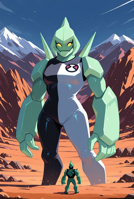 <lora:diamondhead-06:1> diamondhead, robot, yellow eyes, solo, 1boy, no humans, pokemon (creature), armor, spikes, yellow sclera, green skin, bodysuit,  cartoon <lora:illustrious_flat_color_v2:1> flat color, no lineart, ontop of mountain, masterpiece, best quality, amazing quality, very aesthetic, absurdres, newest,