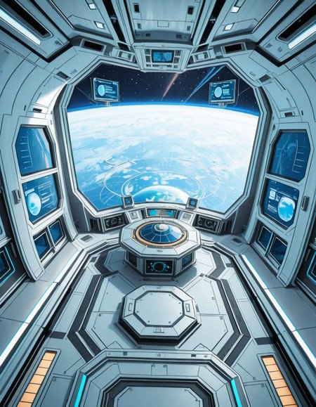 The interior of a massive orbital space station, high above a blue and green Earth-like planet. The setting is a panoramic observation deck with towering reinforced windows that curve around the structure, offering a breathtaking view of the planet below and the star-filled void beyond. The stationâs architecture is sleek and functional, blending advanced human technology with subtle design flourishes â brushed metal walls, glowing interface panels, and clean geometric lines.
Soft white lighting lines the floor and ceiling panels, while ambient blue lights provide a calming atmosphere. Transparent digital displays float in the air, projecting live telemetry, spacecraft traffic, and real-time planetary data in holographic form. In the center of the room, a circular command table displays a rotating 3D projection of the planet and orbital routes.
In the background, the low hum of life support systems and distant radio chatter add to the immersive realism. Cables and utility panels are subtly integrated into the environment, and security doors lead to other compartments of the station. The entire space feels controlled, precise, and filled with purpose â a hub of advanced civilization silently orbiting in the cold beauty of space.<lora:SDXLFaeTastic2400:0.4> <lora:extremely_detailed:0.4> extremely detailed,space station c0ntr0l c3nt3r, <lora:space_station_c0ntr0l_c3nt3r-i:1>, Masterpiece,best quality,hi res,8k,hi res,8k,award winning,(sharp focus, intricate, highly detailed),