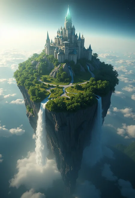 Create a highly detailed,photorealistic image of an island in space orbiting a planet devastated by nuclear war. The island is protected by a shimmering force field and is covered in forest and grassland,with a waterfall running down the side. In the center of the island is a massive castle made of crystals. 8k,octane render,ray tracing.,<lora:New_Fantasy_CoreV4_FLUX:0.8>,