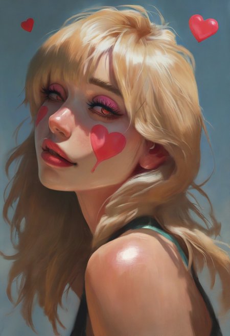 Femmes_ST, masterpiece, best quality, very aesthetic, high resolution, ultra-detailed, absurdres, newest, extremely detailed eyes, Femmes_ST, cute girl,painted face,
masterpiece,best quality,1girl,solo,hearts,
asian  woman,
medium length  hair,
(blonde  hair),
(upper body  view),
(side view),