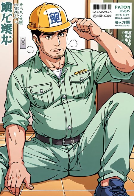 (Aaaild, Aaadjd, manga cover, magazine cover, text) source_anime,  perfect anatomy, perfect proportions, best quality, masterpiece, high_resolution, high quality, (solo focus, male focus, male only, bara, gay, homo, mature, masculine, manly, virile, macho, hunky, rugged, middle-age, daddy, dilf, handsome), alluring, seductive, heroic, serious, grim, stern, unsociability, bluntness, gruffness, naughty face, moaning, dazed, looking away, focusing gaze, BREAK (asian man, dark eyes, black hair, unkept facial hair, stubble, thick beard, chubby, dad bod), BREAK (construction working wear, light-green shirt, yellow helmet, sleeves rolled up, light-green pants), BREAK sitting on floor, lying on back, relaxed pose, leaning slightly, one knee bent upward, legs spread, hand supporting head, contemplative expression, horny, kinky, domination, heavy breathing, enticed, excessively sweaty shiny skin, shading, countershading, indoors, locker room, dark atmosphere,