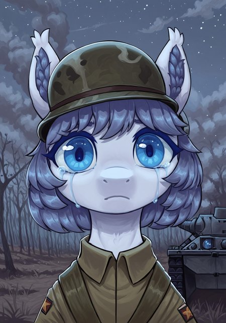 masterpiece, score_9_up, score_8_up, score_7_up, score_6_up, source_pony, (best quality:1.1), ultra-detailed, high resolution, solo, highly detailed macro illustration BREAK 1boy, Armed_Sage, mlp, feral, male, slim, white fur, gray hair, medium hair, fluffy ears, ear fluff, (Beautiful blue eyes:1.3), long eyelashes, (sad expression, cute face:1.3), crying, (big eyes) BREAK (camouflage military uniform:1.2) BREAK ba_chibi, from below, (upper body shot), (close-up), night BREAK mikus-concept, military action in background, exhausted, shocked, looks at viewer BREAK sharp focus, perfect lighting, anatomically correct, extremely detailed, high detail, detailed background, OverallDetail, zPDXL3