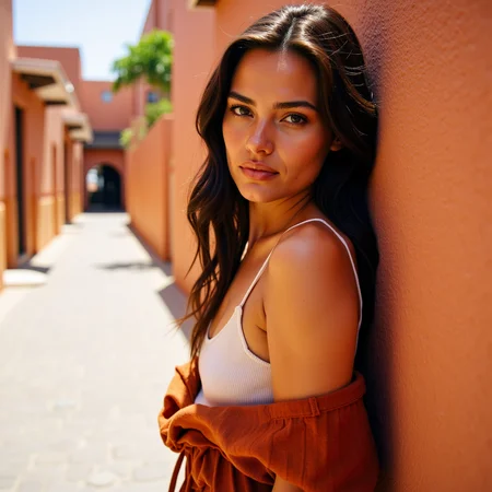 Ultra quality, ultra realistic, ultra detailed skin textures and colors, in a sun-drenched alley in Marrakesh, a striking woman leans casually against a hand-painted ochre wall, wearing a rust-toned linen jumpsuit by Mara Hoffman with the sleeves tied around her waist, revealing a crisp white bandeau. Her skin glows with golden undertones, with a faint sheen of sweat at her collarbones. Her half-body portrait is captured with a Leica SL2-S mounted with a vintage Leica R 90mm Summicron on Portra 800, carefully metered for highlights to retain deep midtone skin detail. Lighting is shaped with a bounce board held low to return warm street light onto her neck and chest, while a black flag behind camera absorbs ambient spill, deepening shadows around her waist. Her expression is relaxed but charged, like sheâs just said something witty off-cameraâreal, grounded, cinematic.
 <lora:Detailed Skin&Textures Flux V3:0.7> dsv4