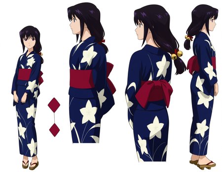 masterpiece, best quality, amazing quality, highres, absurdres, very aesthetic, high resolution, ultra detailed, perfect details,anime coloring, simple background,white background,
(model sheet),
<lora:ILL_YehlShizno_lion_e5:1> yehlkimo, long hair, purple eyes, black hair, hair ornament, long sleeves,  japanese clothes,kimono,sash, bell, profile, obi, low-tied long hair, yukata, hair bell, blue kimono,
floral print, sandals, geta,print kimono,