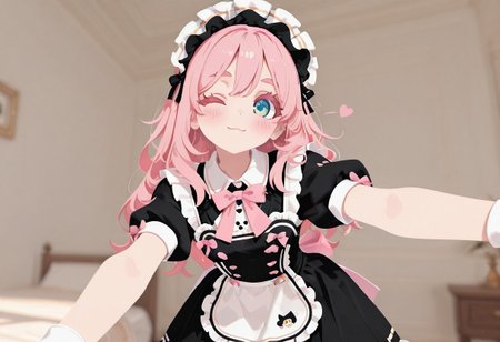 aesthetic, masterpiece, work of art, best quality, best, anime, detailed, score_9, score_8, score_7, Expressiveh, Expressiveh, fabulosity_style, best quality, flat color, no lineart, no outline, blurry background, depth of field, thick eyelashes, maid dress, pink bow, frills, short sleeves, maid headdress, 1 girl, cute, blush, wink, leaning towards viewer