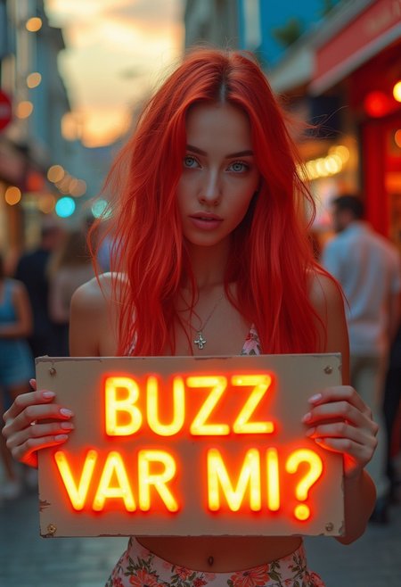 A vibrant and playful portrait of a stunning Turkish woman with flawless white skin, big expressive light blue eyes, and long flowing red shag hair styled. She’s holding a sign with the words ‘BUZZ VAR MI?’ in bold, glowing letters. Her look is very hot yet natural—wearing a trendy crop top and skirt. The setting is a lively outdoor İstiklal Street at sunset, with colorful shops and bustling activity in the background. The image features hyper-detailed textures, soft backlighting highlighting her hair, and cinematic color grading, shot with a shallow depth of field using a Hasselblad camera and 85mm lens at f/1.2. The vibe is fun, bold, and unmistakably eye-catching.