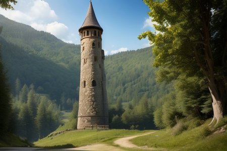 realistic analog photo, award winning photo, vary wide shot of stone witow tower:1.3, no humans, scenery, blue sky, road, nature, outdoors, RAW, highres, 8k, uhd, High Dynamic Range, tonemapping, crisp details, portcullis,