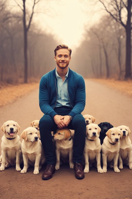 by Oleg Oprisco and James Gilleard in the style of Seb Mckinnon,   man and his puppies