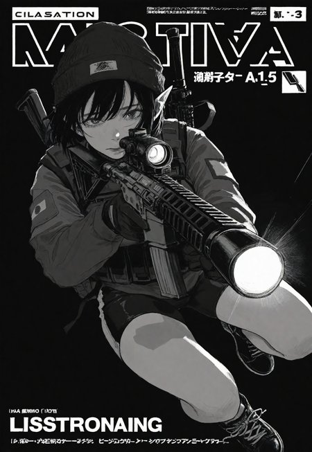  realistic, sketch, masterpiece, best quality, amazing quality, cinematic,  hatching \(texture\), simple black background, dark theme,  dynamic pose, dynamic angle, depressed, (very dark theme, dark shadows), (monochrome, greyscale,  illustration, XilmO,) 

elf ears, short hair, tomboy blac hair,   

 tactical long cycling shorts, tactical gloves, tactical vest with pouches, ,tactical beanie,  two-color tactical long turtleneck, long sleeves, patch (Japanese flag) on ​​the shoulder, small tactical backpack on the back, black converse sneakers,  (holding ar-15),  the rays rifle flashlight, tactical laser pointer on the weapon,  tactical pose,  (epic pose), wind,  manga magazine cover,
