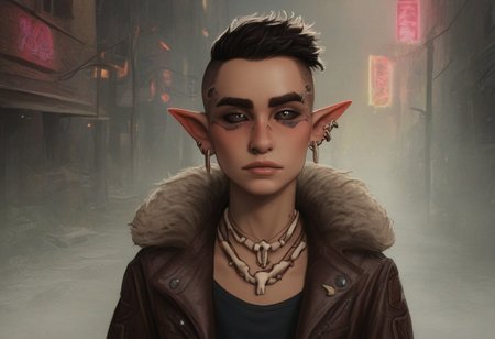 solo, bosmer, feminine, bosmer woman, bosmer ears, pointy ears, slim and toned, snake-like pupils, dark sclera, modern outfit, urban fashion, asymmetrical clothing, layered streetwear, earth-toned jacket, fitted cargo pants, leather boots, tribal jewelry, bone necklace, feathered earrings, side shave hairstyle, wavy hair, sharp cheekbones, deep-set eyes, intense gaze, high detail, urban alley, neon lights, rainy night, cyberpunk aesthetic, cinematic lighting, cool color palette, moody ambiance