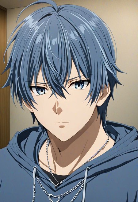 high resolution, solo, best quality, 1Boy, Tomoya Okazaki, Grey Blue Hair, bangs, necklace, choker, hair between eyes, Hoodie, OverallDetail