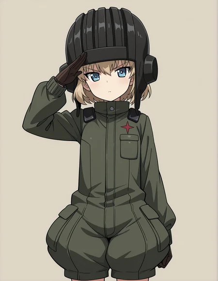 masterpiece,best quality, absurdres, highres,    <lora:katyusha illu:1> katyushaillu, long sleeves, pravda military uniform, short jumpsuit, helmet, standing, brown gloves, standing, looking at viewer, salute,