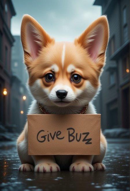 a very cute corgi puppy  with watery eyes, lost in a small very village , This very cute little puppy holds a sign, with "Please Give Buzz" written on the sign, only one sign,
sad expression, perfect masterpiece, watery eyes, raining, puddle, mud,
<lora:Add_More_details_Flux:1>