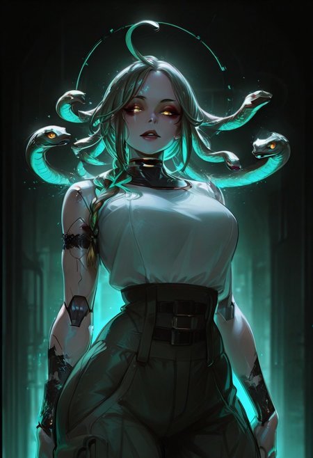 Rating_sfw, mature woman,dynamic pose, cyberwear, serpent themed , oversized clothes, cargo pants,  clear skin, ((cute face)), innocent face, pretty face, eyes, detailed eyes, long eyelashes, eyeliner, gorgon,glitching hair, ,(( single braid )) (ar-glitch holographic Snake hair, snake, snake_hair,)) , , eyes, glowing snake, charismatic, curvy, aesthetic, ((perfectly robotic hair, snake hair)), thick lips, full lips, skinny, (slim build), small waist, big breasts,, beautiful detailed face, small face, beautifully complex colored iris, ), enchanting, looking at the viewer,cyberpunk, cyberpunk, humanoid