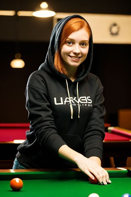 25-year-old woman, playing snooker, dark atmospheric pool hall wearing casual clothing and a hoodie, atmospheric, snooker, cue, playing snooker, leaning over the table, bokeh, ginger colored hair, mischievous smile,