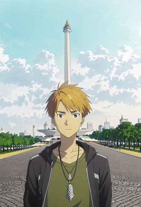 Monas, travel photography, yamato ishida, male in front of monas, male focus, necklace, anime