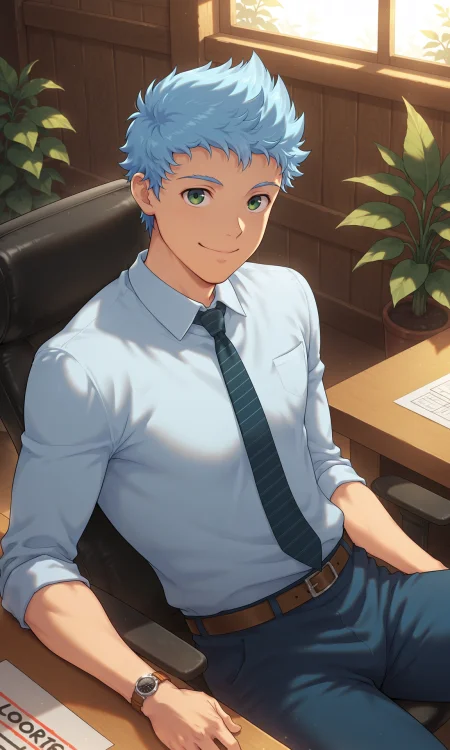 1boy, male focus, Lloyd, solo, looking at viewer, blue hair, closed mouth, smile, shirt, sleeves rolled up, blue pants, belt, wristwatch, necktie, shaded, sitting on a chair at the table, construction drawing on the table, office chair, wooden wall, office, indoors plant, indoors,  (masterpiece:1.35), (very aesthetic, best quality:1.3), detailed shading, detailed skin, realistic shading, highly detailed, intricate details, masterful composition, cinematic lighting, close-up, <lora:Lloyd_XL_V10_ILL:1>