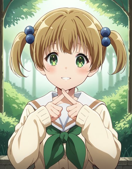score_9, score_8_up, score_7_up, source_anime, <lora:satsuki-suzuki-s3-ponyxl-lora-nochekaiser:1>, satsuki suzuki, short hair, bangs, brown hair, hair ornament, twintails, green eyes, light brown hair, hair bobbles,, long sleeves, school uniform, serafuku, sailor collar, neckerchief, sleeves past wrists, cardigan, white sailor collar, kitauji high school uniform, green neckerchief, skirt, pleated skirt, brown skirt,, Outdoors, nature, scenery, open space, sunlight, smile, <lora:x-fingers-ponyxl-lora-nochekaiser:1>, x fingers, blush, parted lips,, looking at viewer, solo,, dutch angle, cowboy shot