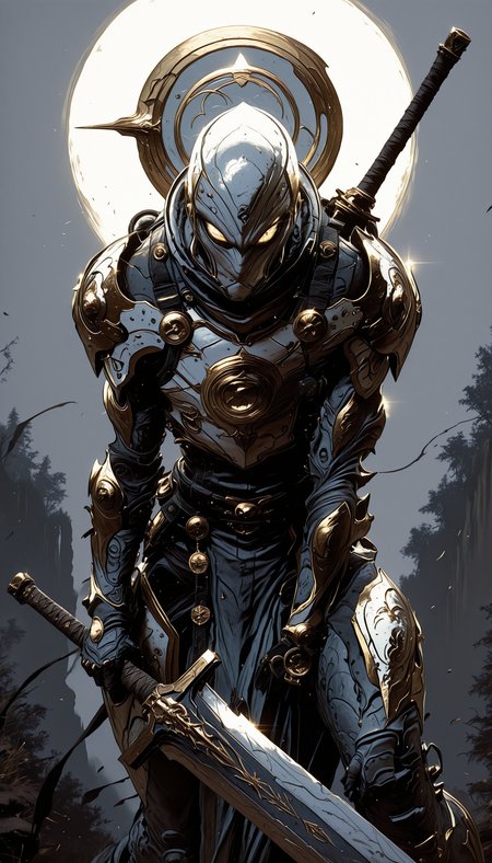 holding weapon, fighting stance, holding  buster sword,huge weapon,, WCG-Illu,, kaarea masterpiece, best quality, high quality, ultra-detailed, realistic,  traditional media, vivid_color, high contrast, speed lines, move_effects, action Create a detailed digital artwork of an armored figure, likely a superhero, set against a dark, smoky background. The armor is intricately designed with a combination of silver and gold hues, featuring ornate patterns and motifs. The helmet is sleek, with a white visor that obscures the eyes, adding an element of mystery. The figure's pose is assertive, with one arm extended forward, showcasing the armor's design. The overall style of the image leans towards a fantasy or historical theme, emphasizing the armored nature of the character. solo, looking_at_viewer, 1boy, standing, male_focus, grey_background, armor, helmet, shoulder_armor, gauntlets, pauldrons, breastplate, knight, full_armor,    holding weapon, fighting stance, holding  buster sword,huge weapon,, WCG-Illu,, kaarea