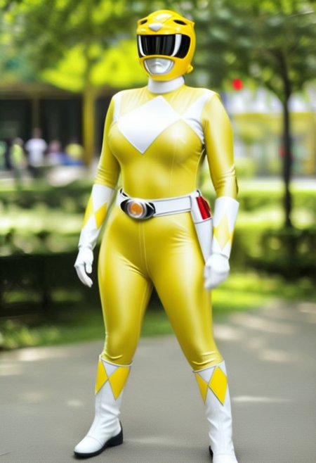 female yellow-power-ranger, alone, morphed, helmet, morphed, helmet, yellow catsuit, white gloves belt boots holster, standing square-on, in urban park, arms down by sides, full body photo, very-large-breasts, enormous-breasts, hyperdetailed photography