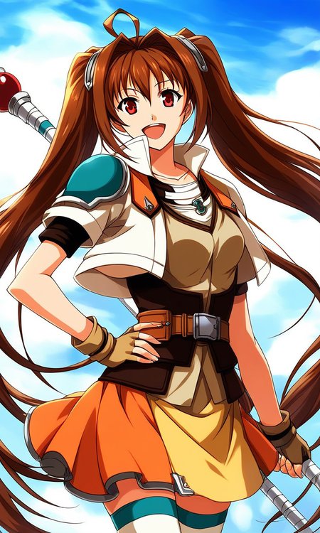 score_9, score_8_up, score_7_up, source_anime, rating_explicit, BREAK  <lora:Estelle_Bright_XL:1> Estelle_Bright, brown hair, very long hair, twintails, ahoge, red eyes, hair intakes, medium breasts,
1girl, solo, thighhighs, staff, skirt, orange skirt, gloves, fingerless gloves, weapon, smile, belt, zettai ryouiki, miniskirt, hand on hip, open mouth, shirt, armor, jacket, jewelry, cropped jacket, bracelet, 
day, sky,
smile,
looking at viewer, 
cowboy_Shot,
