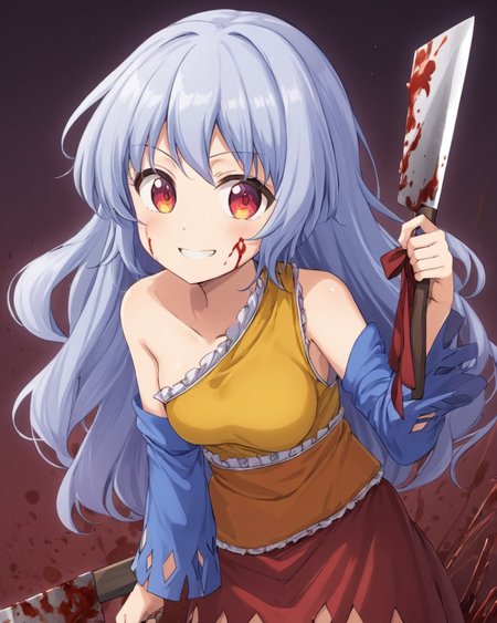 sakata nemuno,1girl, blood_on_face, solo, blood_on_weapon, dress, blood_on_clothes, detached_sleeves, smile, nata_\(tool\), single_strap, blood_splatter, looking_at_viewer, cleaver, bare_shoulders, holding, speech_bubble
<lora:sakata_nemuno_image573_2023-12-20-000015:1>,star-shaped_pupils,symbol-shaped_pupils,. gorgeous,key visual, vibrant, studio anime,award-winning, professional, highly detailed,high budget, cinemascope