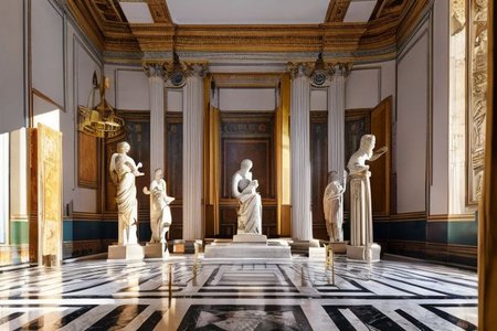 (masterpiece:1.2), (best quality,:1.2), 8k, HDR, ultra detailed, ((photorealistic)), professional light, cinematic lighting, fashion photography, ambient lighting, face lighting, <lora:detail_slider_v4:1>, Fantasy picture, OverallDetail, large ancient room with a marble table, and with a statue on the floor in the middle, RomInt, <lora:RomanInterior-10:1>, epiCPhoto