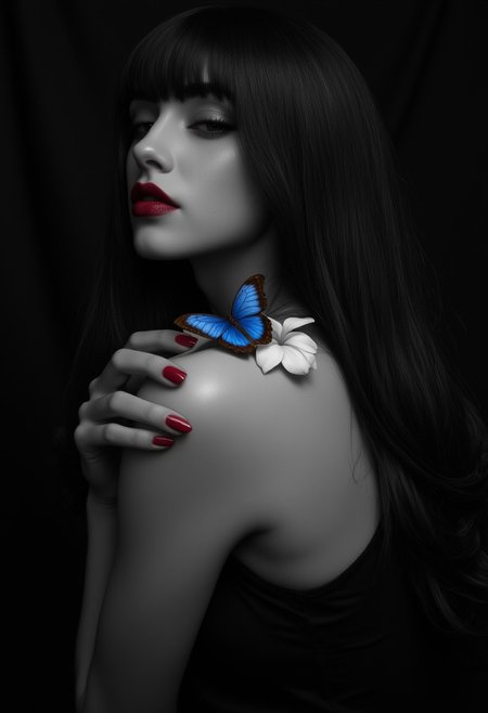A high-contrast monochrome portrait of a woman, her pale skin standing out against a deep, textured black background. The background remains undefined, fading into darkness.
Her face is turned away from the viewer, partially hidden behind long, flowing dark hair that falls over her shoulders. Her lips are painted deep red, sharply contrasting against the grayscale tones of her skin. Shadows define the curve of her cheekbones, the slope of her nose, and the subtle dip of her closed eyes.
Her bare shoulder is softly illuminated, smooth and well-defined against the surrounding darkness. Her left hand rests gently against her upper arm, fingers delicately curled. Her nails are painted the same deep red as her lips.
A vivid blue butterfly with finely detailed wings rests just below her shoulder blade. The butterfly is centered on a translucent white flower, its petals appearing soft and slightly blurred at the edges. The flower fades into the surrounding light, making it appear almost weightless against her skin.
The lighting is soft and diffused, casting gentle highlights along the contours of her face, shoulder, and hand while leaving deep shadows in the background. The selective use of color—red for her lips and nails, blue for the butterfly—stands out against the monochrome tones, drawing attention to the key focal points.
