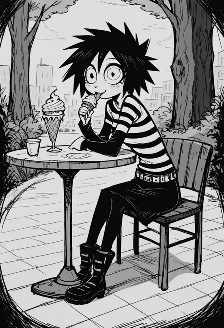 score_9, score_8_up, score_7_up, score_6_up, 1woman, Protagnia, Wide-eyed, Striped shirt, black sleeves, belt, black skirt, pantyhose, boots, (outdoors in black and white), sitting at a table near a café, licking a vanilla flavoured swirl ice cream cone, enjoying, happy, (monochrome)