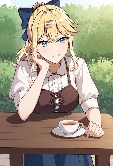 yvonne_smollett, blonde hair, long hair, wavy hair, blue eyes, medium breasts, skirt, bow, hair bow, hair ornament, blue skirt, short sleeves, hairclip, shirt,  ponytail, bangs, blue bow, puffy sleeves, white shirt, casual outfit, smile BREAK outdoors, garden, flowes, medieval table, tea cup  BREAK sitted, head rest, arm on table BREAK score_9, score_8_up, score_7_up, source_anime ,zPDXL, perfect hand , <lora:Yvonne_Smollett:0.8>