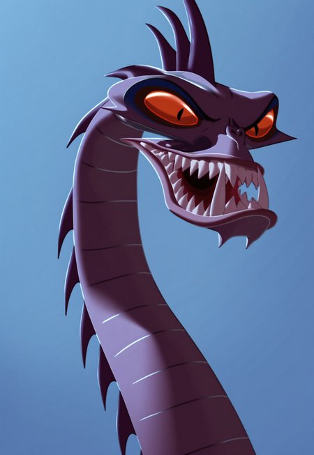 score_9, score_8_up, score_7_up, Expressiveh, masterpiece, best quality, highly detailed, realistic, (zPDXL3), solo, (HDHC, furry, feral, scalie, serpent, purple body, purple scales, orange sclera, black eyes, fangs, sharp teeth, long neck, side view), close-up, smile, open mouth, (blue background, simple background), ((looking at viewer)), close-up
