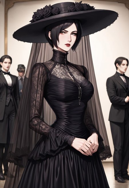 masterpiece, best quality, newest, absurdres, highres, anime, anime style, VGE-V1.0, goth fashion, victorian, solo, solo focus, female focus,

1girl, Ada_wong, \(resident evil\), asian, asian female, short hair, black hair,



hat, round hat, veil, dress, formal,




