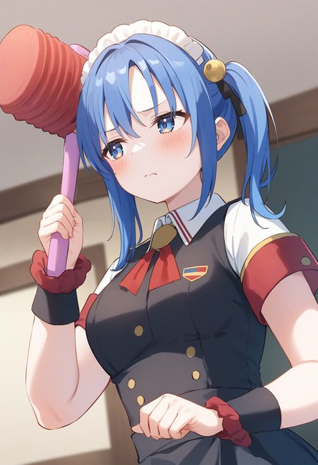 1girl,sincos, ningen mame, toosaka asagi,solo,medium breasts,20yo,maid,maid headdress,
piko piko hammer, toy hammer, holding, <lora:pikopikohammer_XL_v1:0.8>
dutch angle, upper body, looking away, blue hair, black eyes,embarrassed, automobile retailer, closed mouth, side ponytail hair,,
best quality, very aesthetic, absurdres