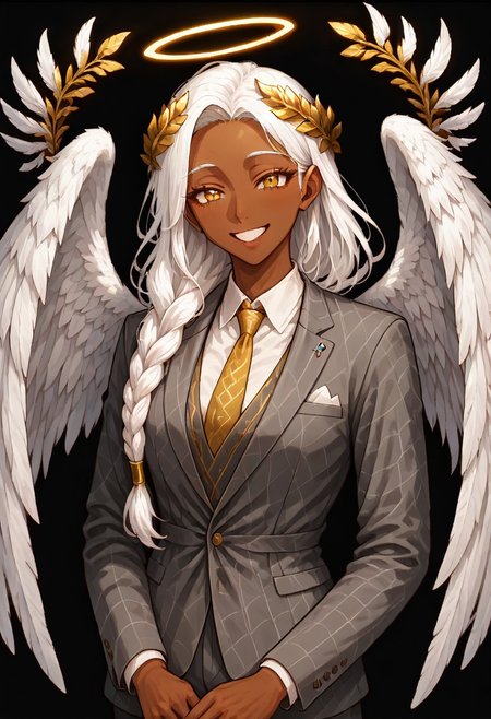 masterpiece, best quality, newest, absurdres, highres, 
DMDV1.0IL, DMDV1.0IL-God, 
1girl, dark skin, dark-skinned female, grey suit, suit official attire, official clothes, nectie, yellow necktie, white hair, long hair, braid, single braid, angel, angel girl, halo, wings, angel wings, smile, happy, open eyes, golden eyes, laurel crown,