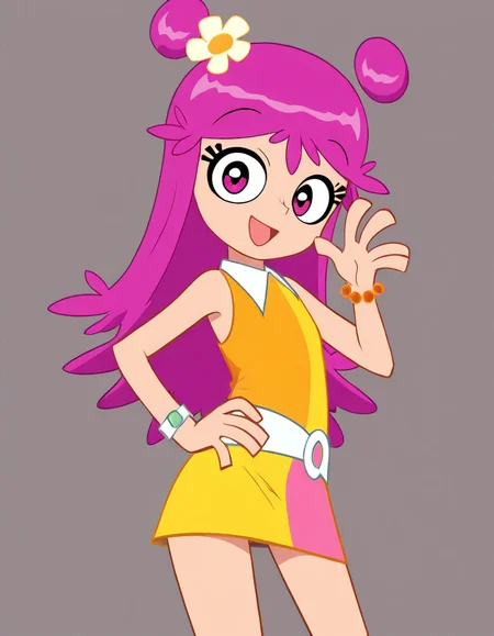 <lora:Ami.YumiIllustrious1.0JLFO:1> ami, pink hair, hair bun, 1girl, pink eyes,dress,, looking at viewer, hand on own hip, cowboy shot,smile,jewelry, belt,  hair flower,open mouth,  masterpiece, best quality, amazing quality, very aesthetic, absurdres,simple background,