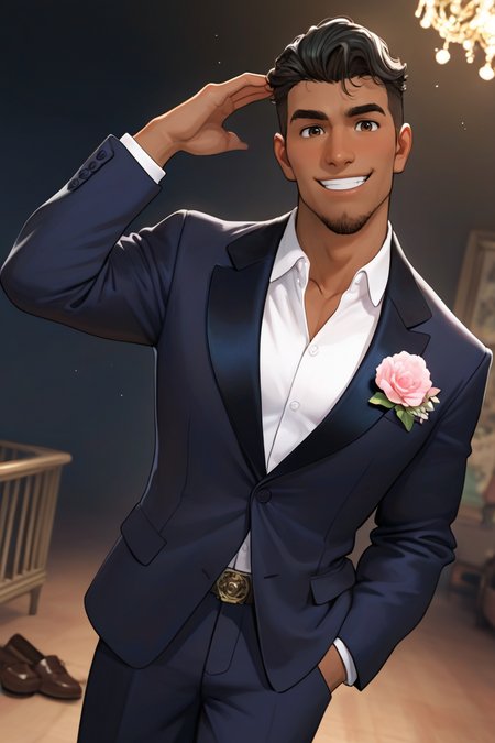 best quality, amazing quality, very aesthetic, absurdres, newest, dynamic angle, intricately detailed illustration, depth of field, masterpiece, volumetric lighting, expressive, dynamic action, masterpiece, perfect, clean detail, clean lines, smooth shading, 
BREAK, simple background, smiling, looking at viewer, casual pose, portrait, wedding vibes,
BREAK, 1boy, male focus, solo,coralpablo,black hair,brown eyes,facial hair,goatee,dark skin, formal, dark navy suit, white collared shirt, belt, brown shoes, pink flower, 