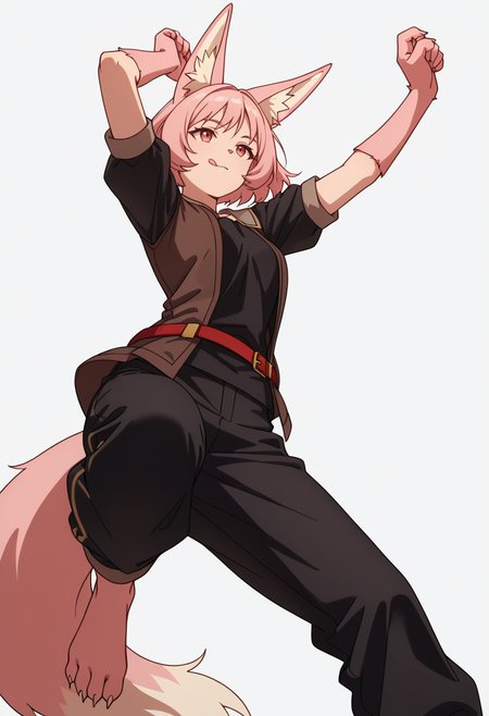 Smooth Quality,masterpiece,very intricate, high quality details, ultra realistic, high detailed skin,detailed enviorement,absurdres,
simple background, white background, dancing, solo,from below,
 <lora:Til_CNR:0.8> til_cnr, 1girl,pink hair, short hair, bangs, red eyes, animal ears, fox ears, animal ear fluff, fox tail, furry female, animal hands, claws, black shirt,open jacket,puffy short sleeves,black pants, belt,barefoot,, despair,, :q,