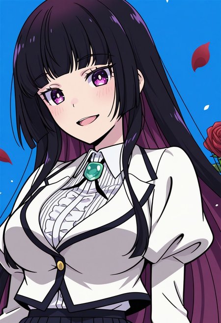 otoha kurogane, 1girl, flower, solo, long hair, purple eyes, purple hair, rose, looking at viewer, shirt, school uniform, open mouth, brooch, breasts, blunt bangs, petals, large breasts, smile, bangs, upper body, white shirt, collared shirt, blue background, hime cut, red flower, jacket, blush, multicolored hair, white jacket, jewelry, red rose, frills, long skirt, black hair, skirt